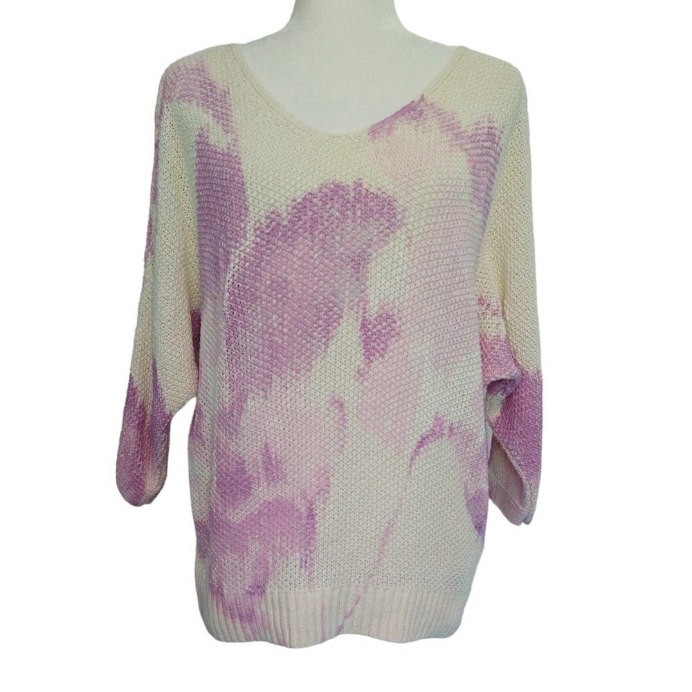 Chico's Linen Blend Cream Pink Abstract Open Knit V-Neck Dolman Sleeve Sweater